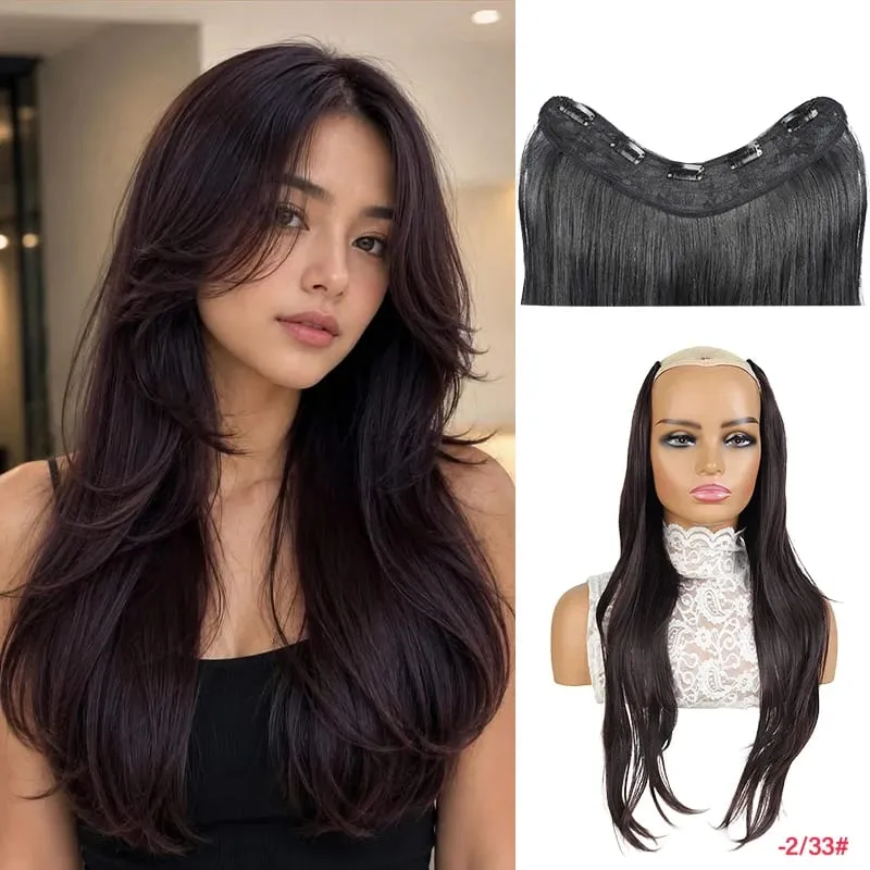 26 Inch Synthetic Clip-In Hair Extension V-Shape Layered Wig for Short to Long Instant Transformation