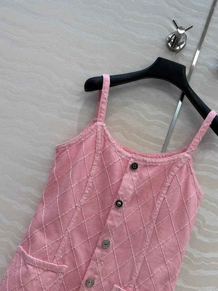 Spring Summer Fashion Pink Slim Mini Cowboy Pencil Dress Women's Spaghetti Strap Pocket Sewing High Waist Short Dresses