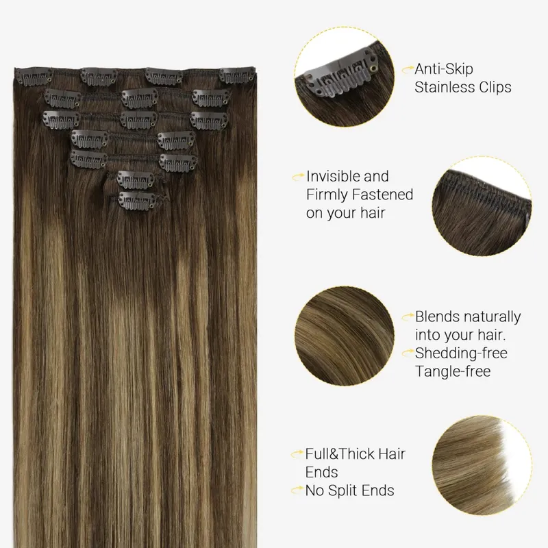 Sunmofavo 100% Remy Human Hair Clip In Hair Extensions Balayage Caramel Blonde 7Pcs 120G Soft Silky Real Human Hair Perfect Match Balayage Hairstyle Easy Install Removable Instant Full Thick Volume Ideal for Daily Look Dating Party Wedding