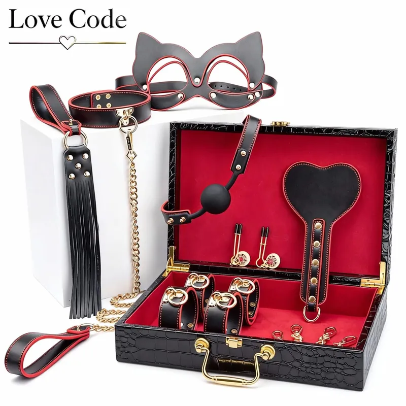 Genuine Leather BDSM Bondage Kits Sex Toys for Couples Handcuff Ankle Cuffs Collar Gag Hogtie Restraints SM Set Adult Love Games