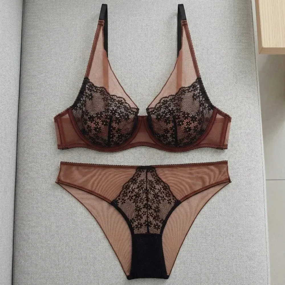 Conjunto de sujetador de flores de encaje de malla, lencería, ropa interior, sujetador de realce para mujer, sujetador sin costuras, Kit de bragas de malla, noches románticas