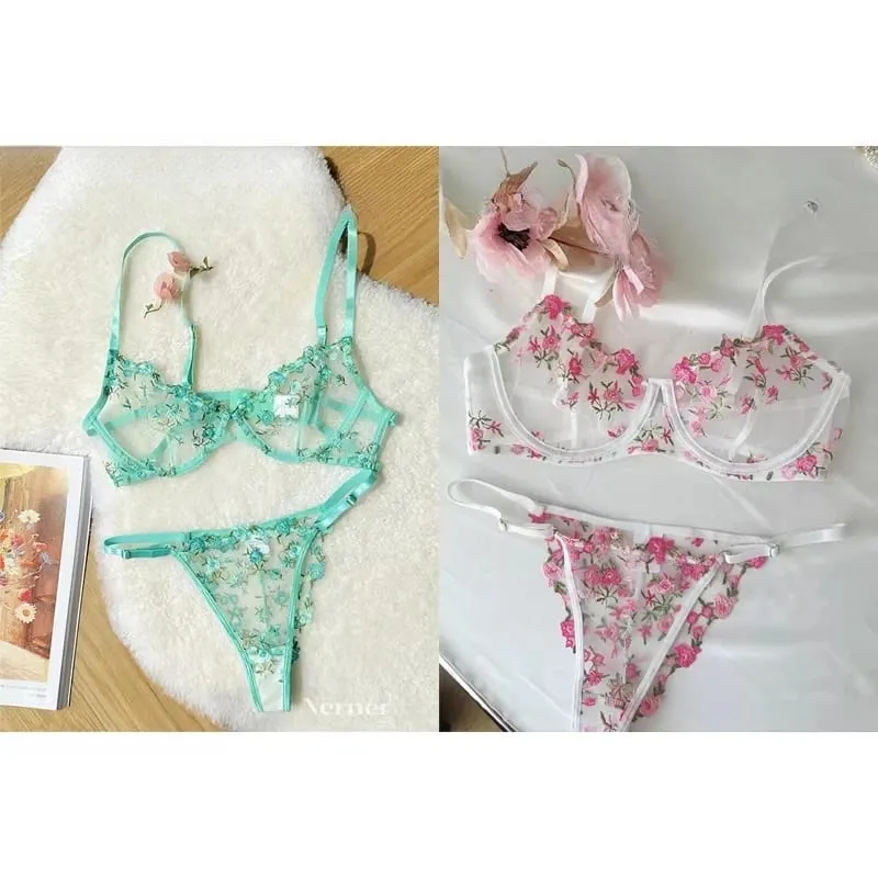 Transparent Floral Lace Embroidery Bra Set Summer Thin Minimizer Underwear Soft Breathable Full Bust Female Home Daily Wear S-XL