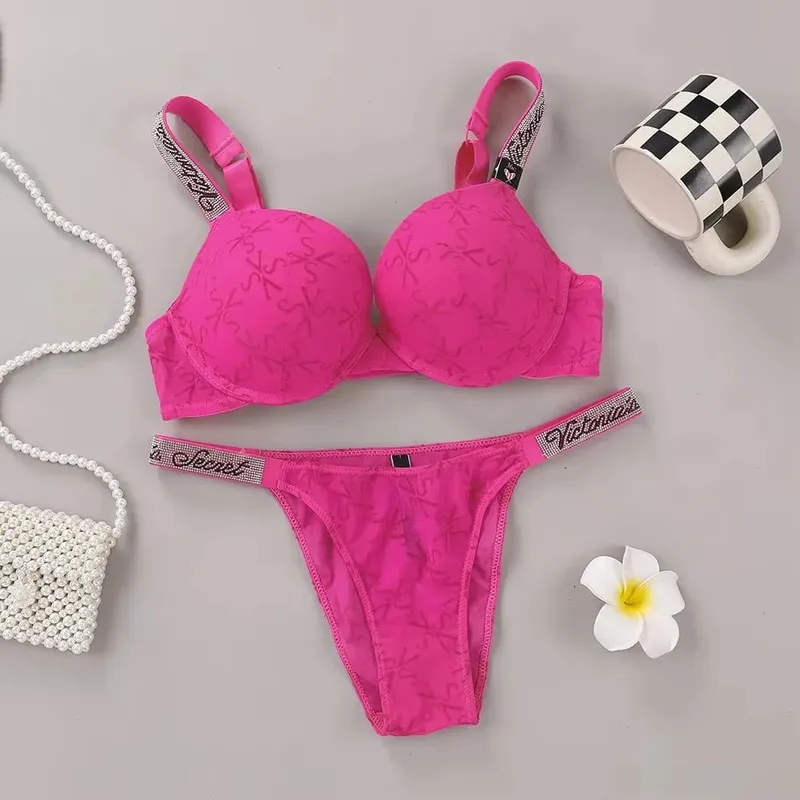 Victoria Secret Hot Sexy Lingerie Set Very Sexy Logo Shine Strap Embossed Lace Push Up Bra Shine Script Thong Panty