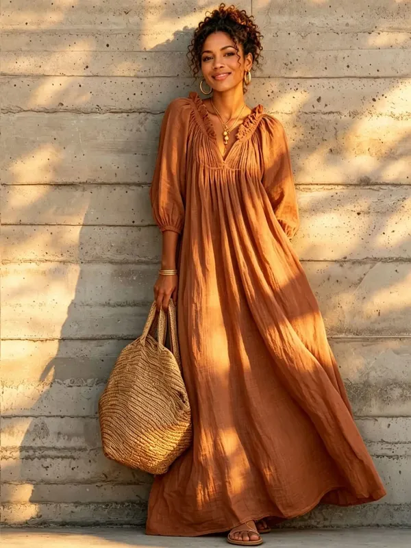 Women Boho Dresses V Neck Lantern Sleeve Maxi Dress Vacation Loose Beach Cover Up Dress Spring Summer Overall Jumpsuit Playsuit