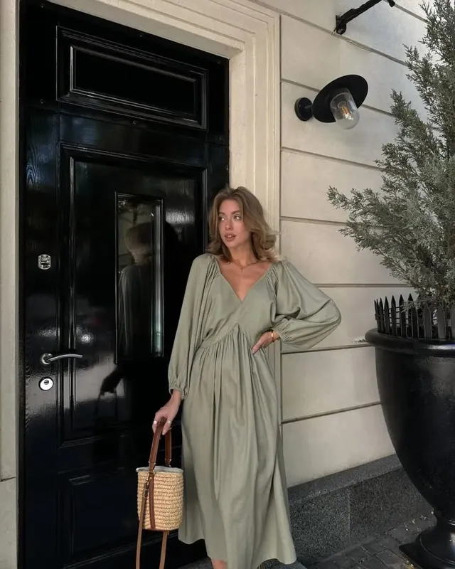 2026Spring Summer V Neck Backless Lace Up Dress Women Lantern Sleeve Loose Casual Long Dresses High Street Fashion Solid Robes
