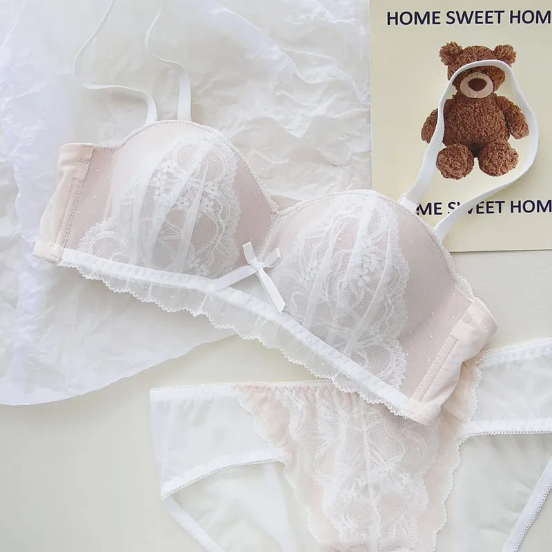 Conjunto de Bralette de encaje de copa Demi francesa Sexy, sujetador de realce inalámbrico para mujer, sin aros, cómodo, sin relleno, Sexy, dulce sujetador para adolescentes AB