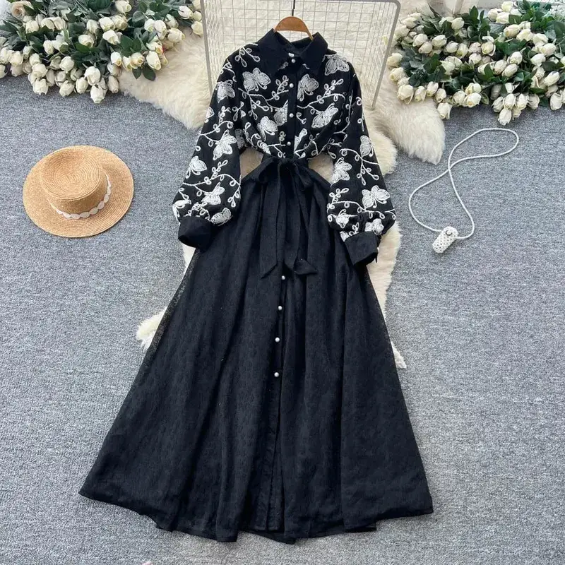 French Vintage Lace Embroidered Lapel Lantern Sleeve Dress Women Korean Slim Fit Waist Mesh Slim Long Dress — image 8
