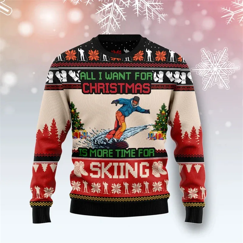 Fashion Skiing Santa Graphic Ugly Christmas Sweater For Men Trendy Streetwear 3D Printed Xmas Sweatshirts Loose Holiday Pullover