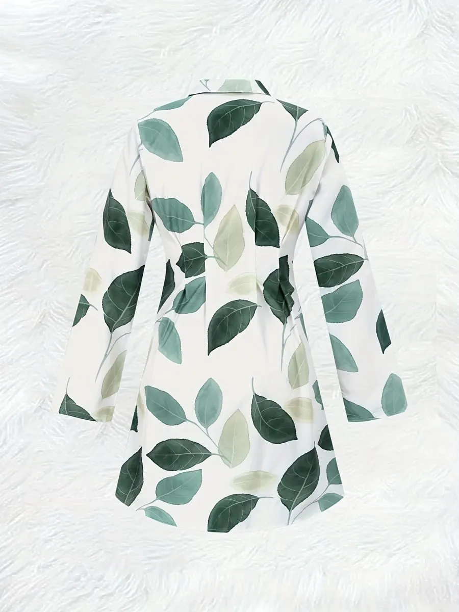 Women Green Leaf Print Lapel Shirt Dress Button Down Loose Casual Daily Beach Vacation Mini Dress