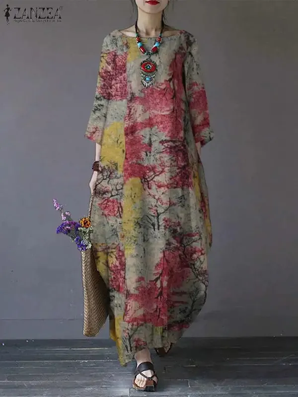 Vintage printede kjoler ZANZEA Autumn Sundress Kvinder Bohemian Casual Langærmet O-hals Kjole Elegant Løs Maxi Vestidos Robe