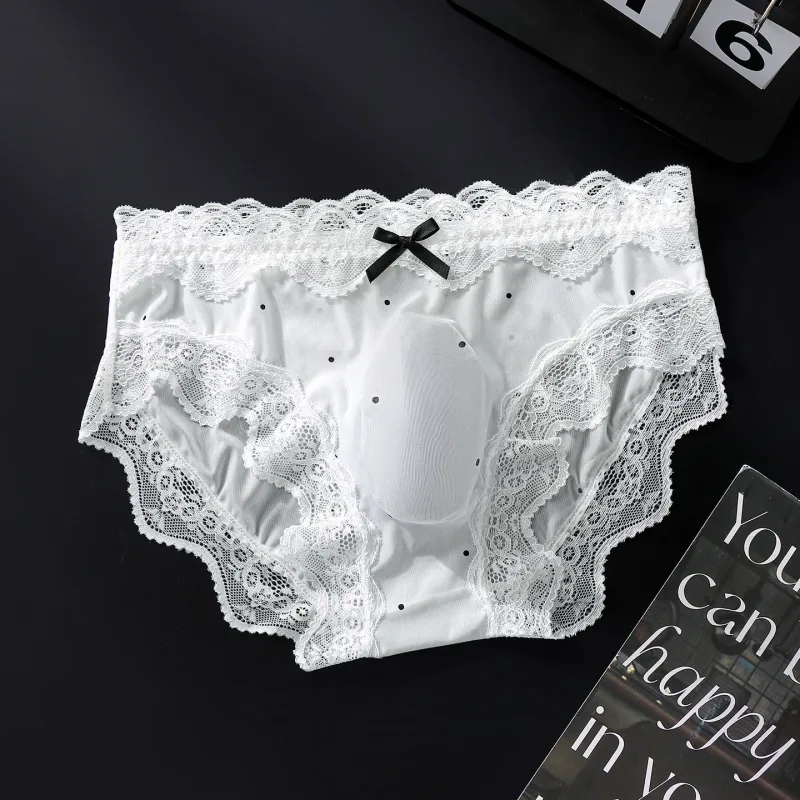 Men's Sexy Briefs Lace Edge Polka Dot Underwear Ice Silk Sissy Panties U Convex Pouch Underpants Seamless See Through Lingerie