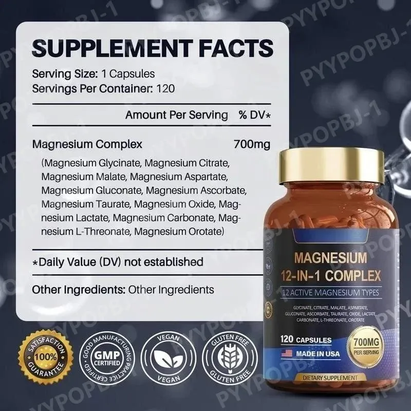 Magnesium Capsule Contain Glycinate Citrate & Aspartate Etc Complex Supplement Relaxation Muscle Heart Health Support 120 Count