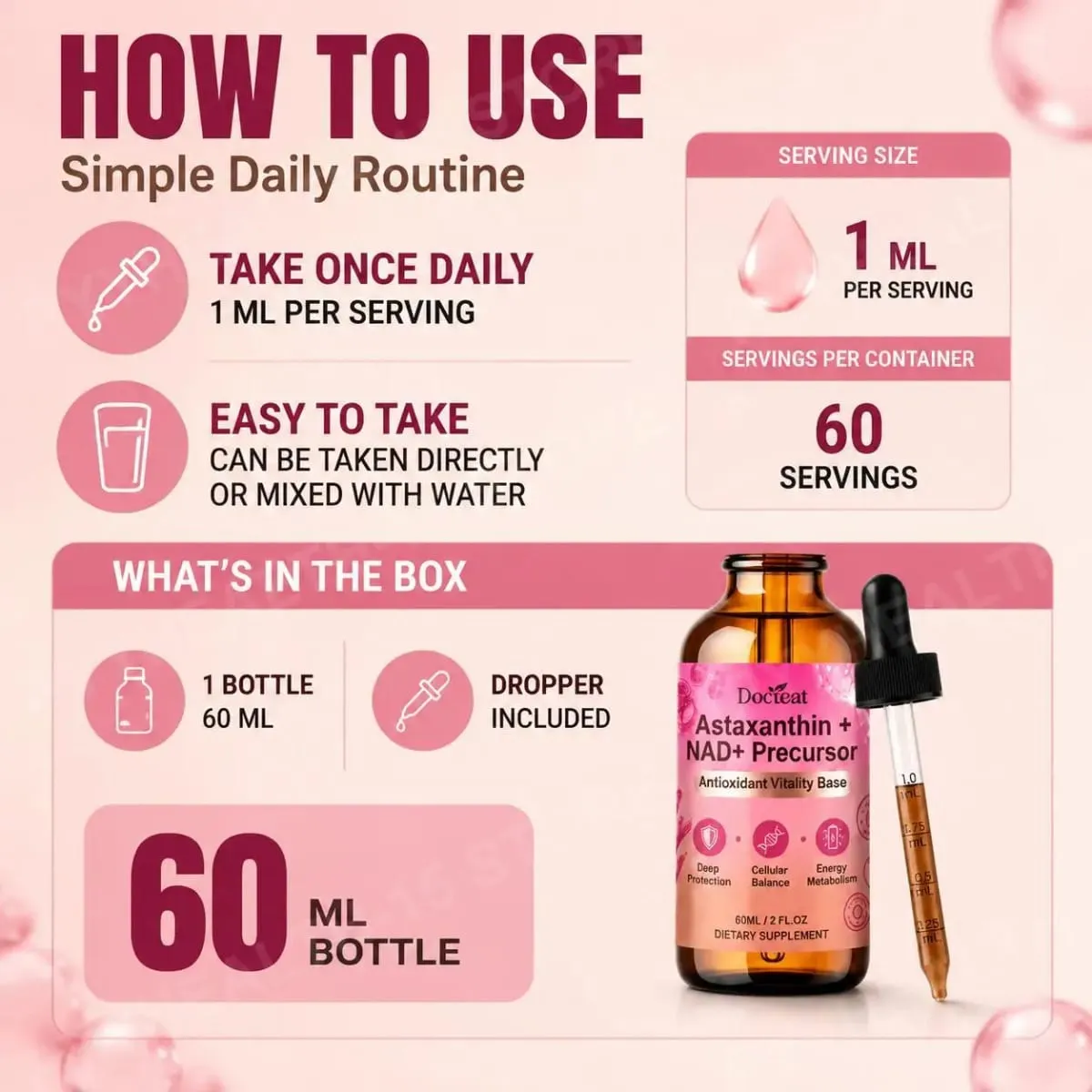 Docteat Astaxanthin+ NAD+ Precursor Liquid Supports Cellular Nutrition and Energy Metabolism Antioxidant Vitality Base 60 Ml