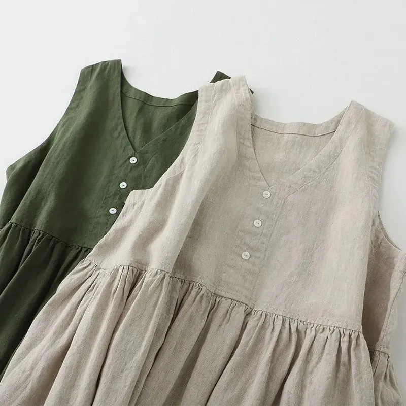 Women's V-Neck Sleeveless Cotton Linen Dress Casual Loose Japanese-style Dress Solid Color for Ladies 2026 Summer Spring Dresses