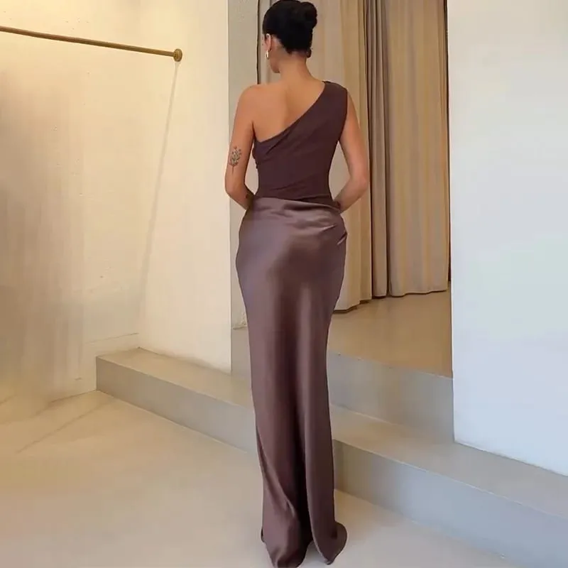 Patchwork Satin Sexy Kleid Frauen Eine Schulter Braun Ärmelloses Abend Maxi Kleid 2025 Neue Sommer Elegante Party Clubwear Kleider