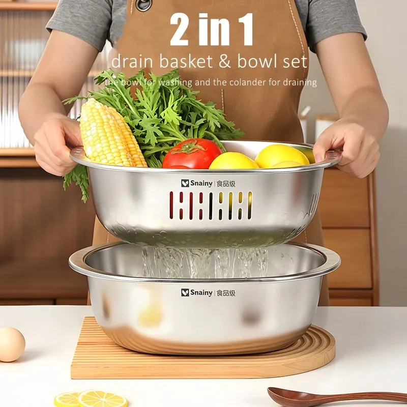 Food-grade Stainless Steel Basin and Colander Set Washing and Draining 2 in 1 Kitchen Accessories Ultrasonic Polishing Gadgets