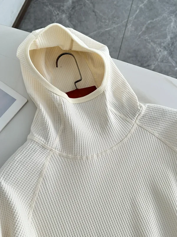 Lightweight Soft Elastic Waffle Grid Harajuku Style Half Face Hooded Loose Thin Sweatshirt Unisex Polyester Fiber Long Sleeve
