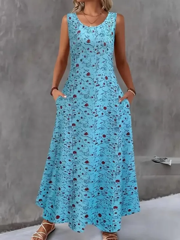 Women Summer Casual Sleeveless Floral Print Maxi Dress O Neck A-Line Long Dress With Pockets Loose Vestidos Beach Sundress