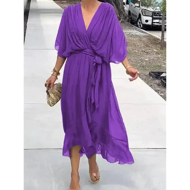 Stylish Elegant Chiffon Casual Solid Lace Up Dress Women V-Neck Bat Sleeves Irregulares Midi Dresses Summer Resort Wear