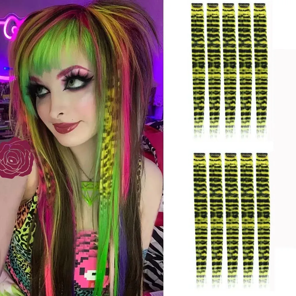 10pcs/set Stripe Printed Hair Colorful Long Straight Hair Pieces Synthetic Clip-in Hair Extensions for Daily Use Party Christmas