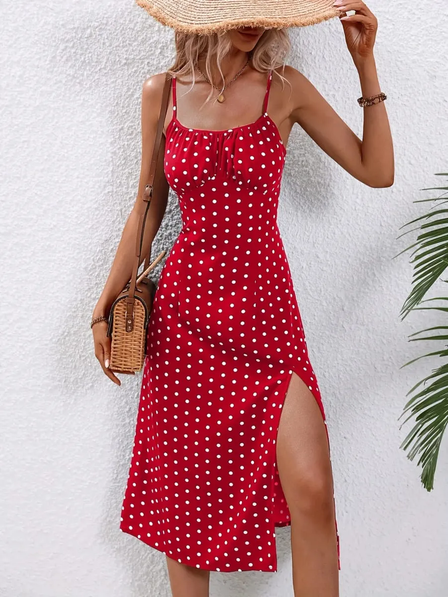 2024 Women Floral Print Spaghetti Straps Summer Boho Beach Dress Print Elegant Suspenders Square Neck Slit Dress Vestidos