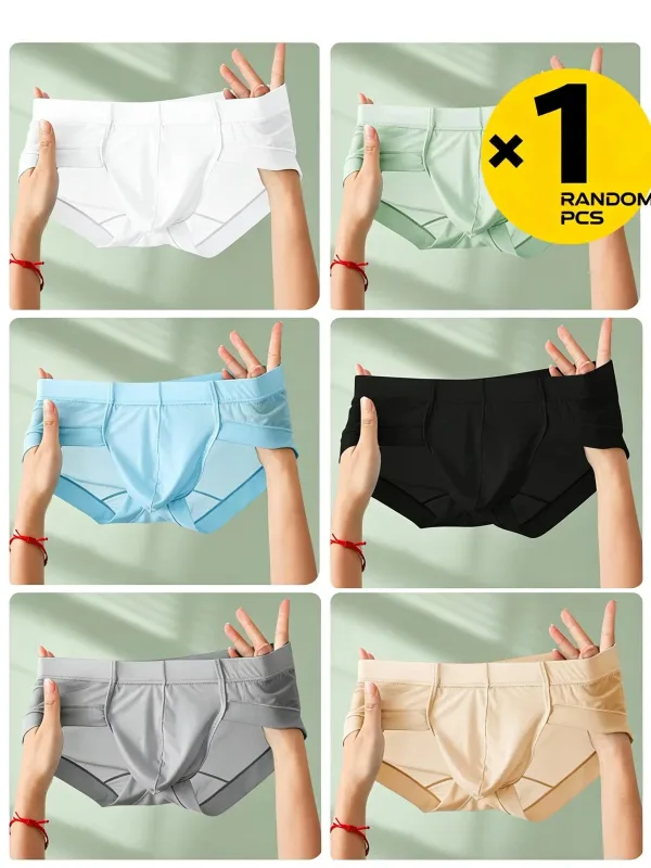1 Pcs Randomly Men Briefs Ice Silk Underwear Low Waist U Convex Pouch, Soft Ribbed Breathable Elastic Waistband Quick Dry Male