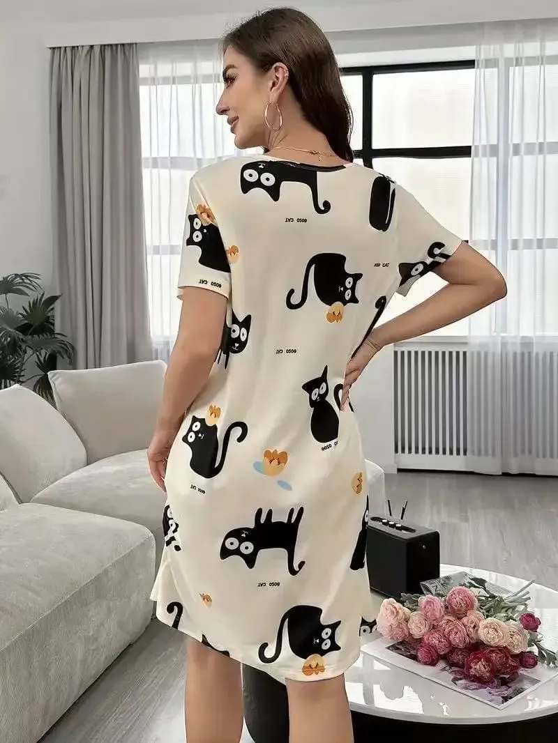 Women's Spring and Summer Cartoon Cat and Letter Print Pajamas Short-Sleeved Round Neck Dress