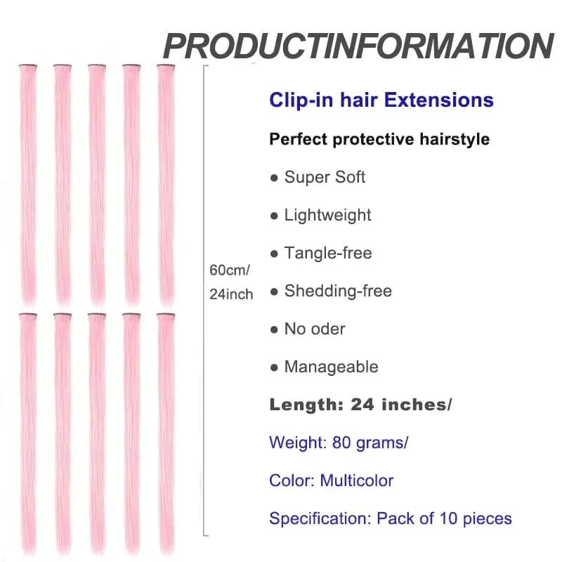10Pcs 24 Inch Highlight Colorful Single Clip‑in Hair Extensions Synthetic Hair Pieces for Halloween Cosplay Birthday Party