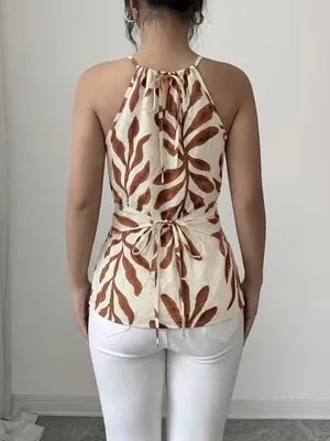 Women's Casual Cross Back Vest Plant Print Shoulder Bared Vest for Shopping Vacation Beach Travel Daily Casual Wear
