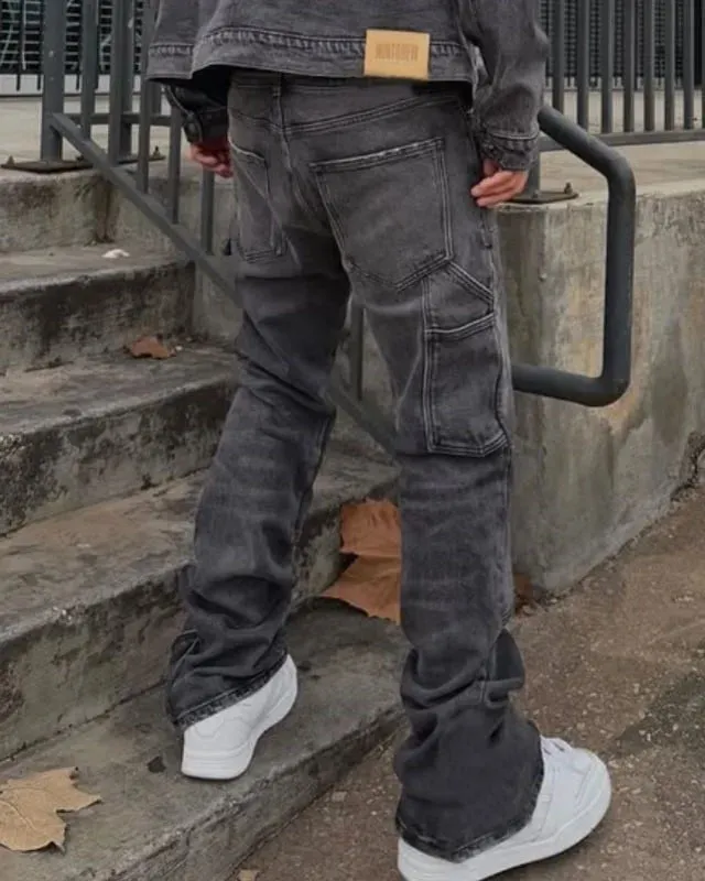 Bootcut Jeans Denim Pant Men Vintage Washed Distressed High Waist Cargo Trousers Y2k Streetwear Work Casual Spliced summer 2026