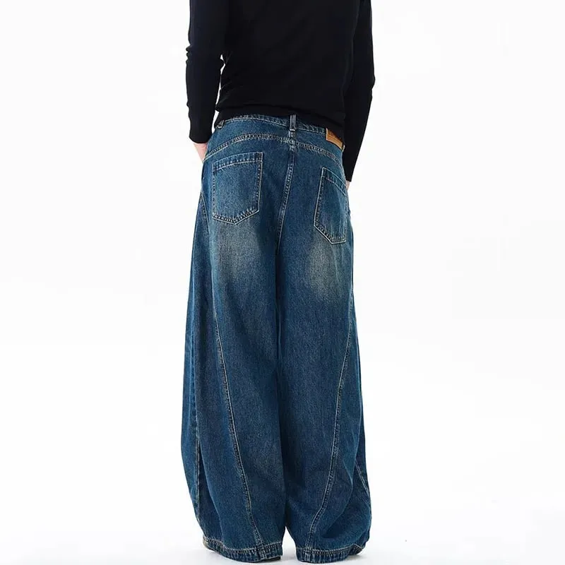 Spring New Men'S Jeans Wide Leg Pants Loose Machete Jeans Vintage Lightning Cracked Denim Trousers
