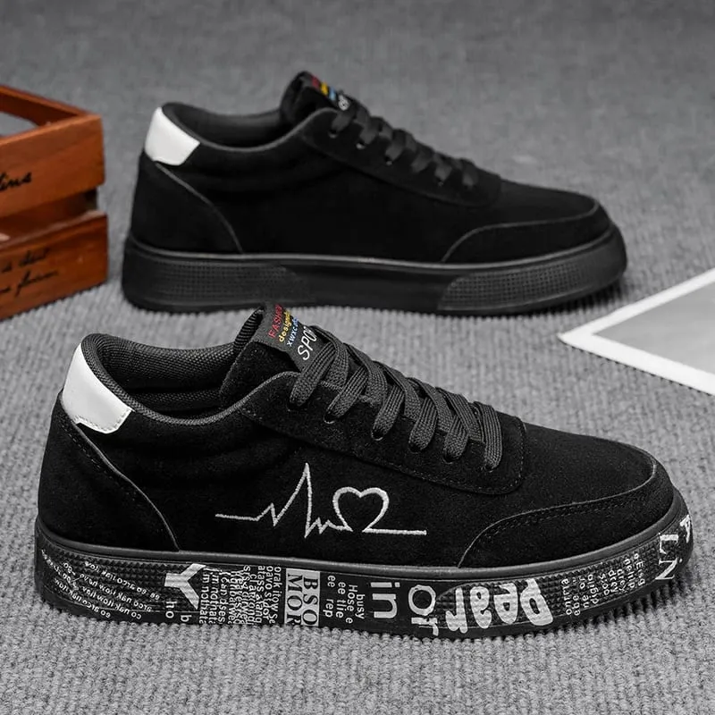 Men'S Black Suede Casual Sneakers With Red Heartbeat Embroidery Low Top Lace Up Skate Shoes Comfortable Versatile Footwear