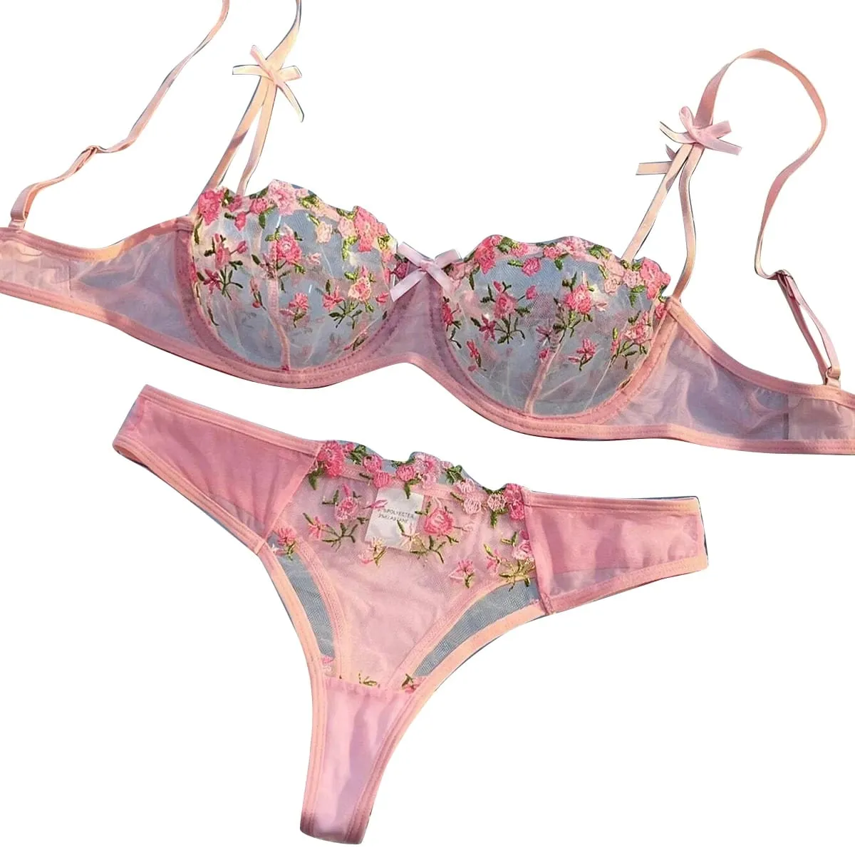 New Pink Transparent Bra Women Lingerie Set Ladies Embroidery Floral Bras Underwear Sets — image 1