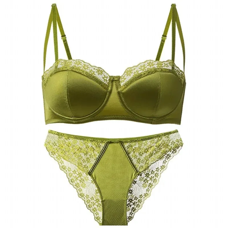 Hot Trend New Sexy Sheer French Lace Demi Cup Minimizer Push Up No Gap Underwire Thin Bra Set Anti-Sagging Side Coverage Women