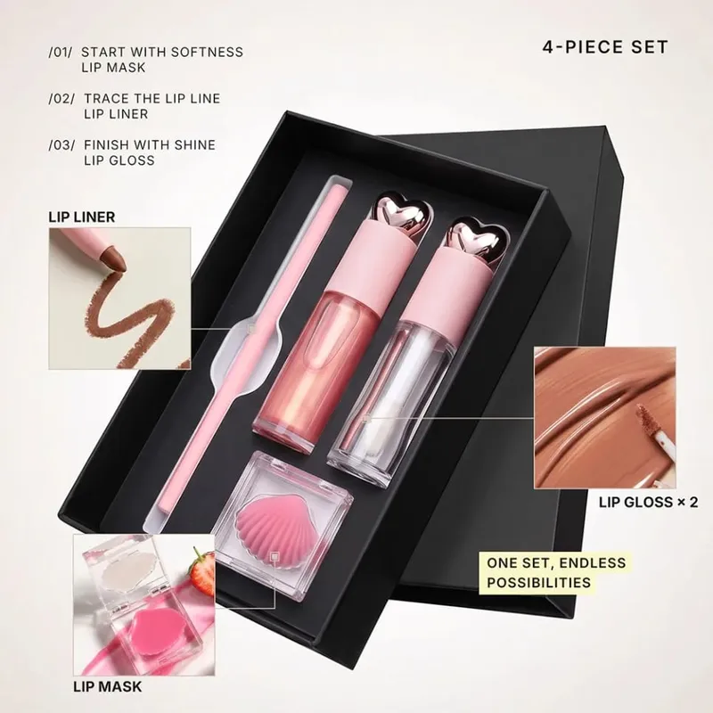4 Buah/Kit Makeup Vegan Lip Gloss Matte Lipstik Lip Liner Masker Bibir Set Label Pribadi Logo Kustom Grosir