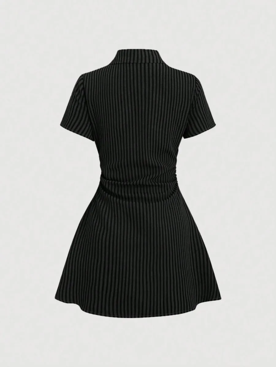 Women's Summer Mini Dress V Neck Bubble Sleeve Pleated A Line Shirt Dress Casual Short Dresses for Women