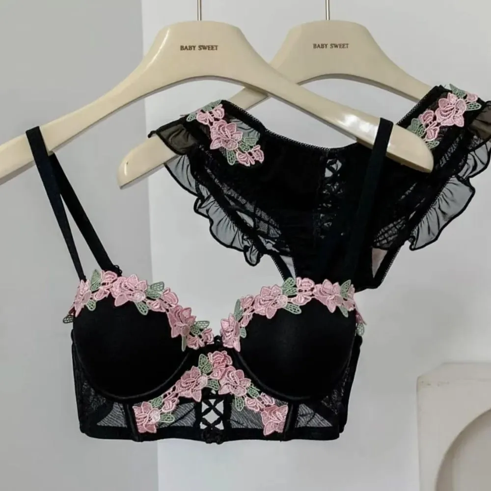 Japanese Sweet Lace Bra Lingerie Set Pure Desire Sexy Wireless Push Up Bust Enhancer Summer Brassiere 32‑38AB Bra Set