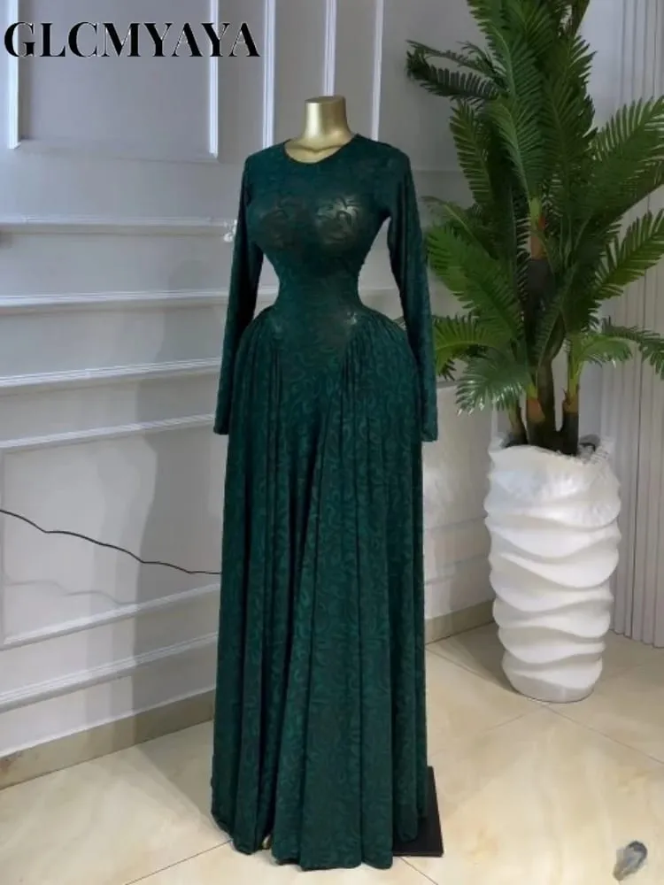 CM.YAYA Women Lace Up O-neck Long Sleeve Big Swing A-line Maxi Dress 2026 Sexy Parties Education Vacation Long Dresses Vestidos
