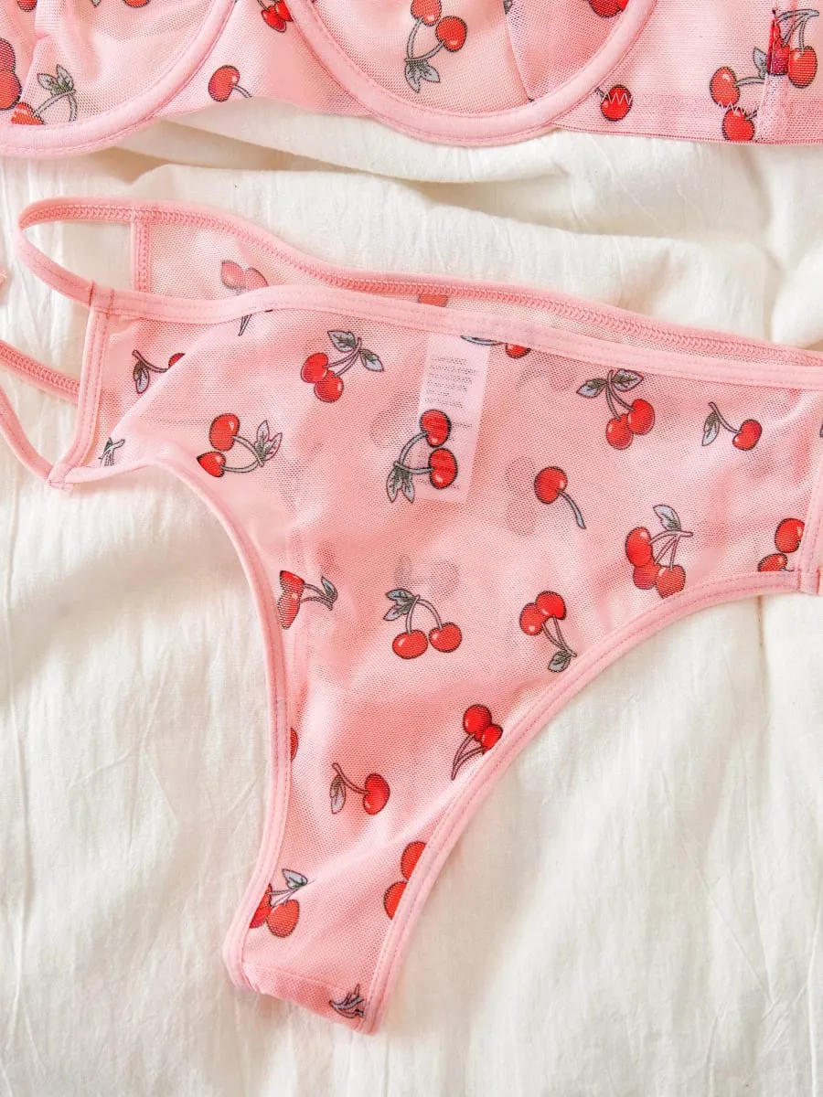 Pink Cherry Lace Bras Set with Mesh Overlay Lingerie Birefs Suit Lightweight Plus Size Underwear Sexy Lace Adjustable Bra Sets