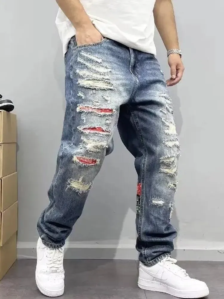 Jeans elasticizzati a gamba dritta strappati di nuova tendenza della moda primaverile e autunnale per jeans sportivi di fascia alta allentati casual retrò da uomo 28-36