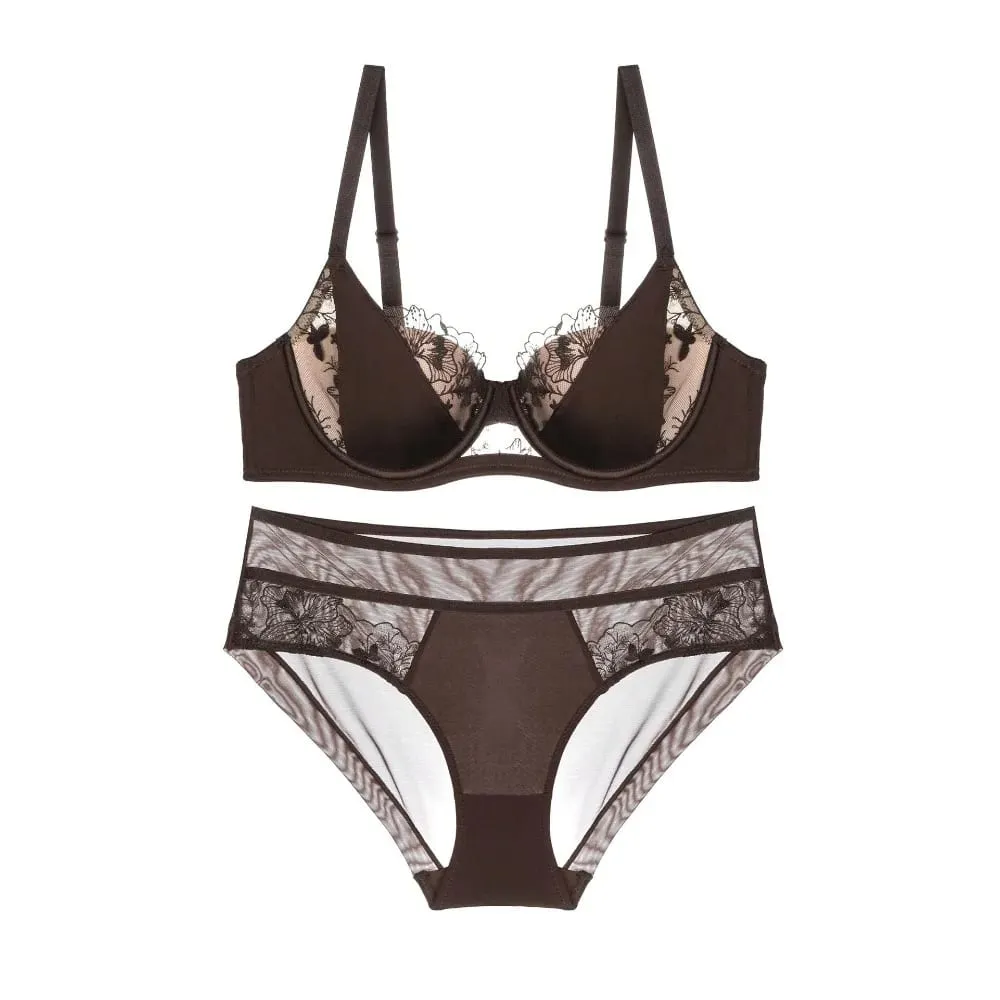 Women Plus Size Lace Bra Set Color Block Thin Cup Big Bust D Cup Full Coverage Brassiere Lingerie Curvy Female Everyday Outfit（