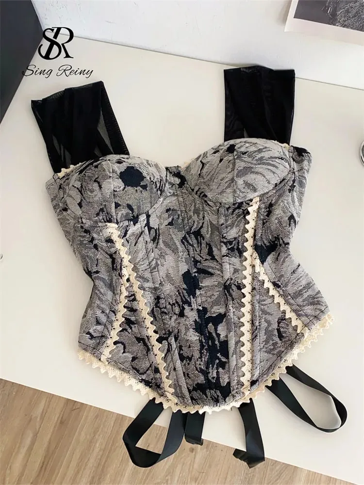 American Retro Print Evening Camisole Female Strap Lace Spliced Slim Top 2025 Streetwear Floral Vintage Beach Tank Top