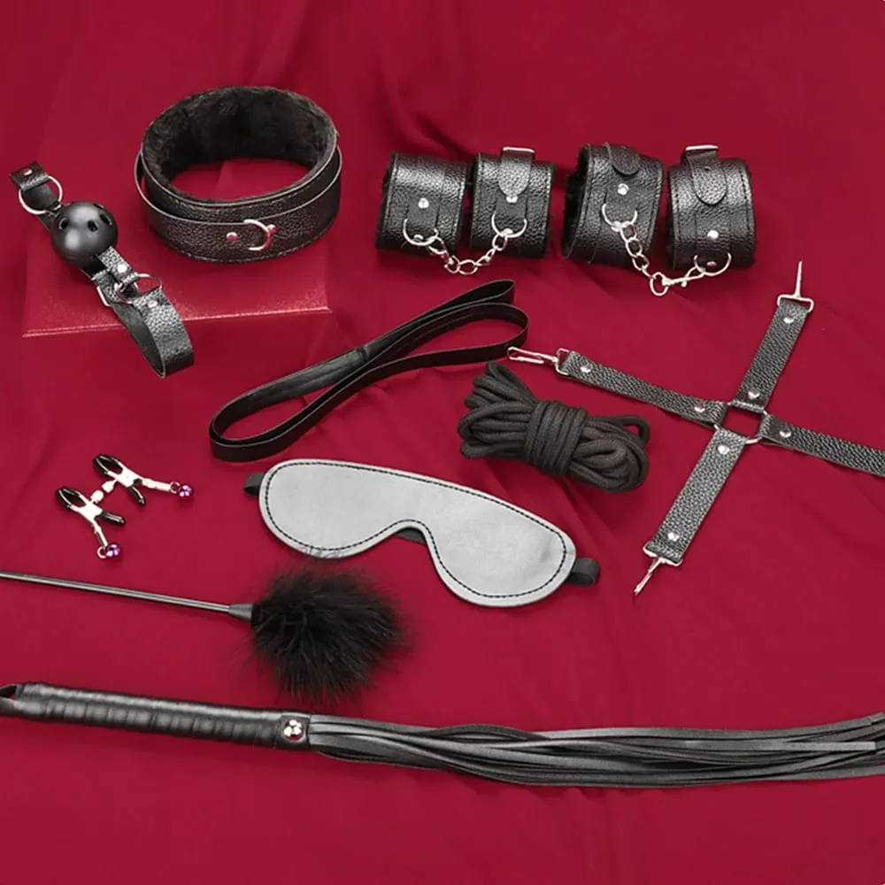Giocattoli del sesso Kit di bondage BDSM Set di ritenuta in vera pelle Manette Collare Gag Vibratori Giocattoli del sesso per le donne Coppie Giochi per adulti