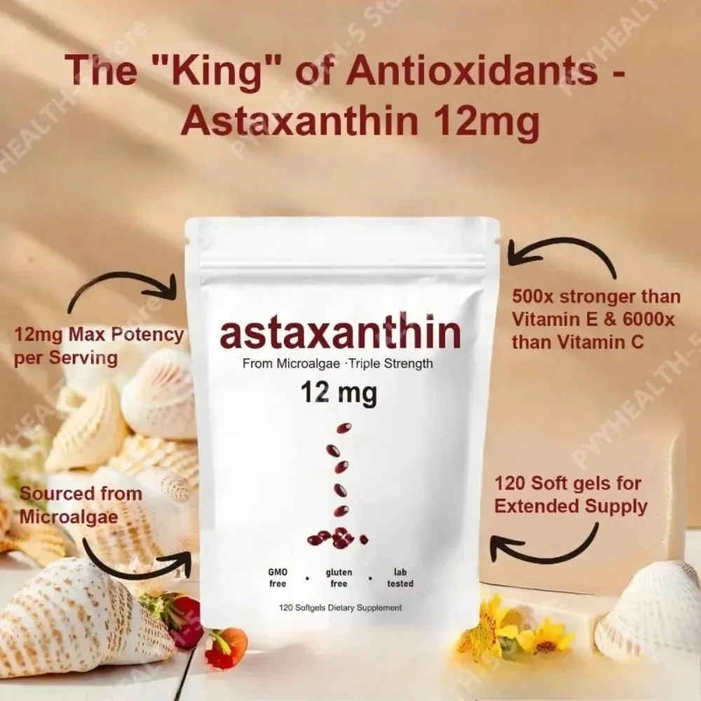 Astaxanthin 12mg Softgels - Καθημερινή Αντιοξειδωτική Υποστήριξη Μη ΓΤΟ χωρίς γλουτένη 120 κάψουλες σόγιας για ενήλικες