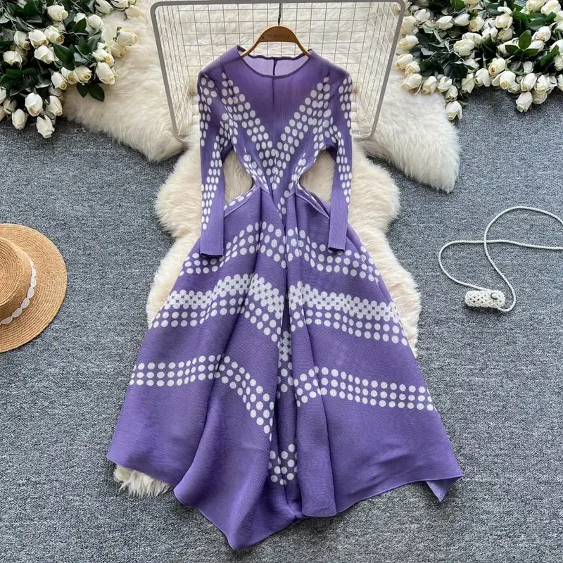Miyake Pleated Dresses Europe New Simple Fashion Printed Elegant Large Hem Women's Lightweight Stretchy Bounce Flower Bud Dress
