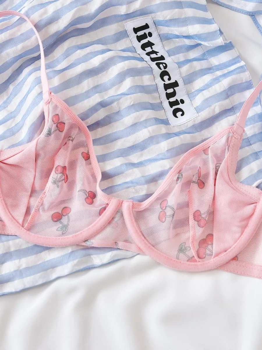 Pink Cherry Lace Bras Set with Mesh Overlay Lingerie Birefs Suit Lightweight Plus Size Underwear Sexy Lace Adjustable Bra Sets