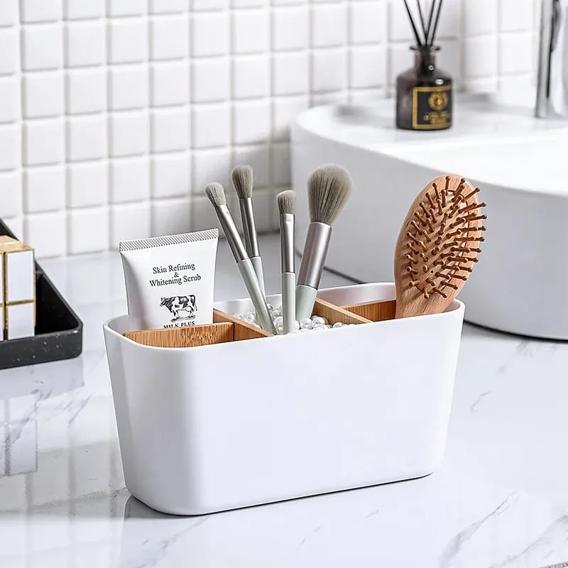Makeup Brushes Holder with Bamboo 5 Slots Dividers Multipurpose Makeup Brush Comestic Tools Lipstick Desktop Storage Organizer