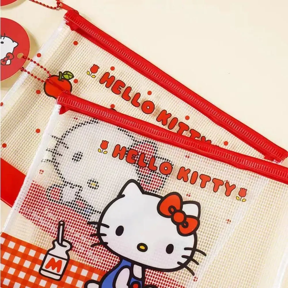 정품 Sanrio 헬로 키티 A5 메쉬 지퍼 주머니 귀여운 Kt 고양이 방수 PVC 문서 가방 학교 파일 펜 편지지 정리