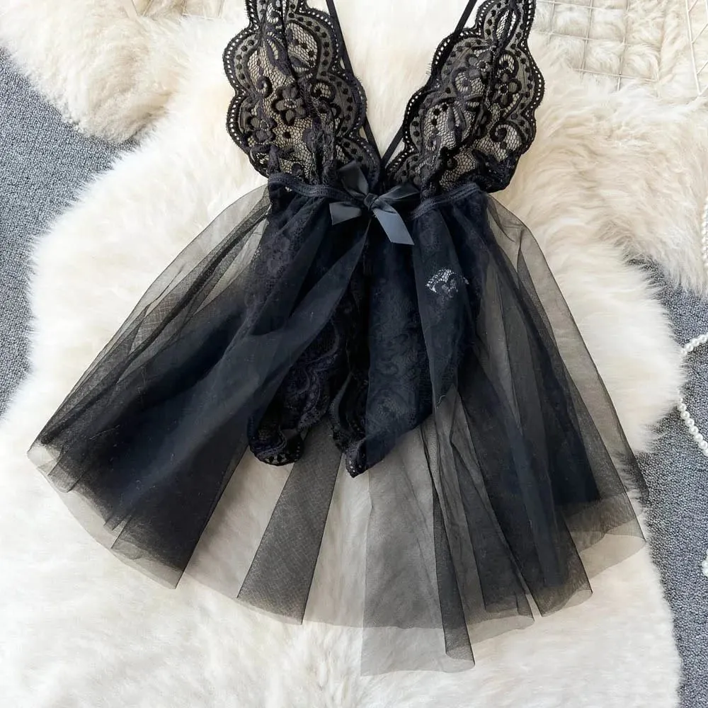 Women Sensual Lace Dress Women V-Neck Open crotch Slim Comfortable Dress Fashion Breathable Sheer Mesh Short Dress New