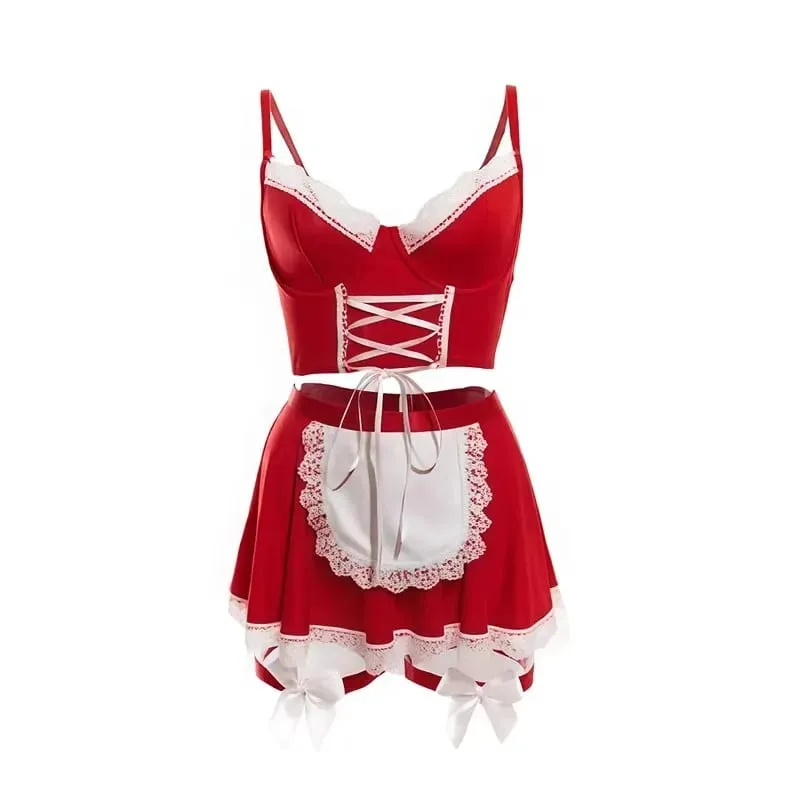 4Pcs/set Sexy Pink Lingerie Maid Underwear Lace Push Up Bra And Thongs Bandage Mini Dress For Women Role Play Outfits Sleepwear